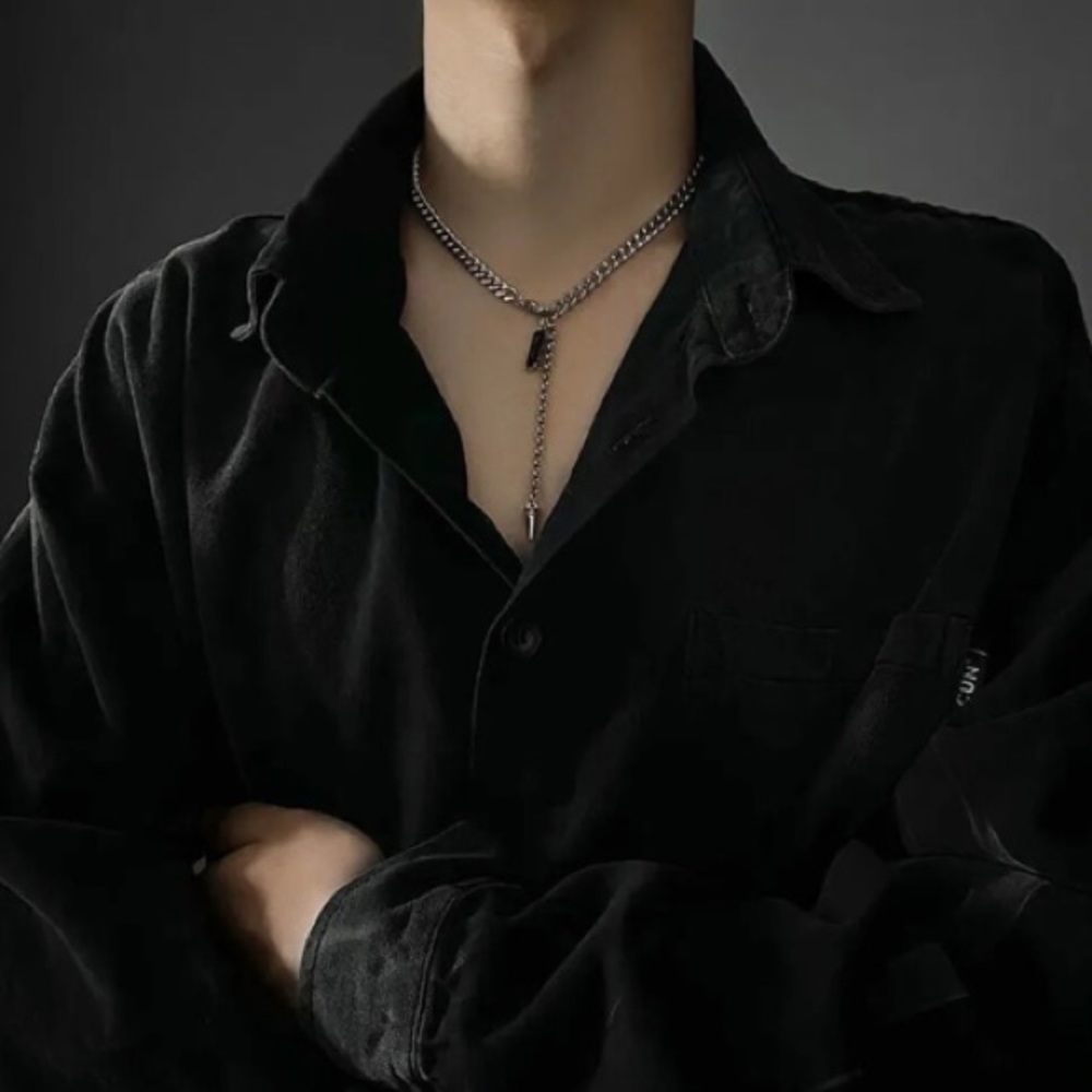 Black Crystal Pendant Stainless Steel Mens Necklace